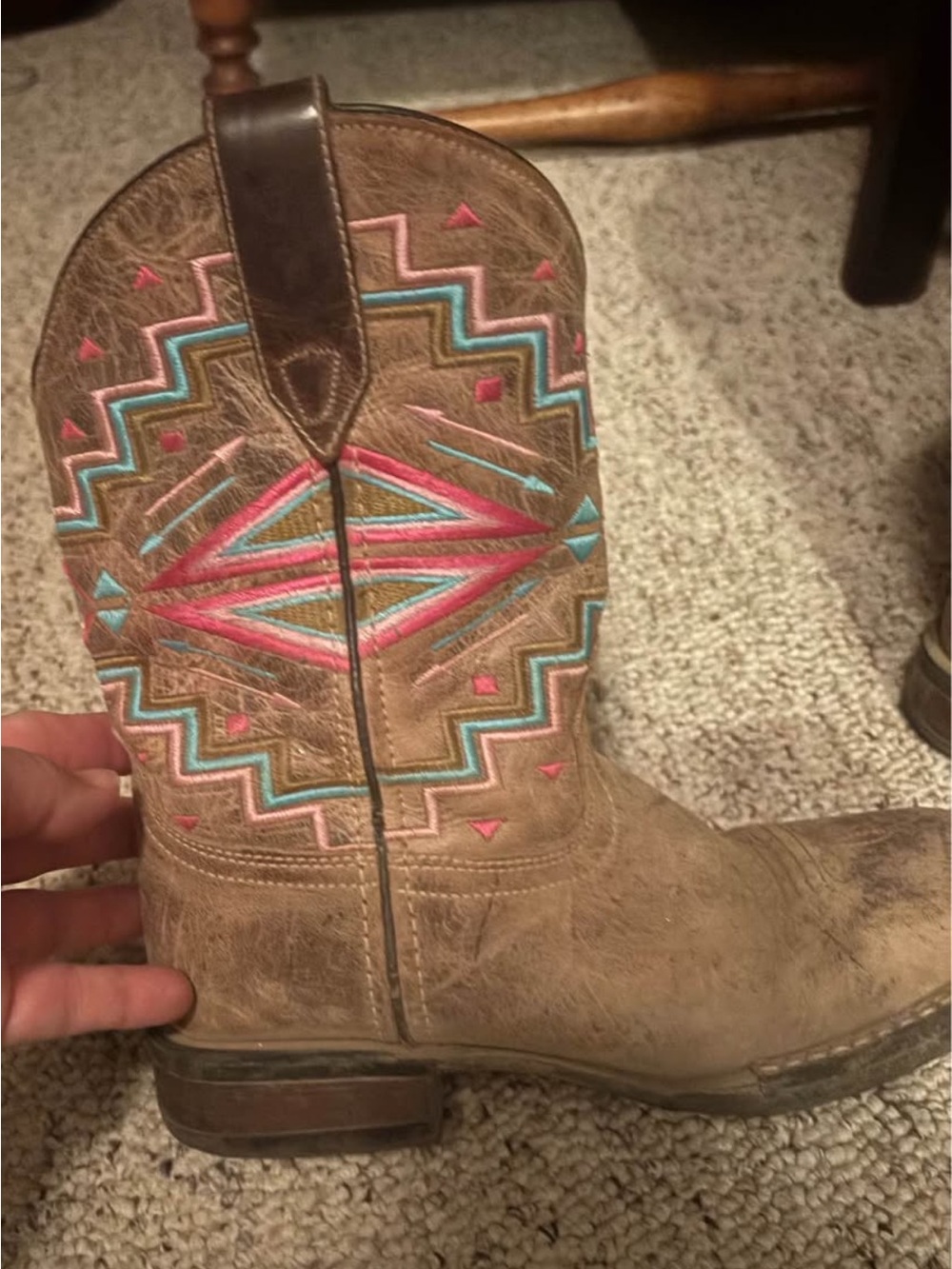 Roper Kids Brown Boots with Pink & Turquoise Stitching